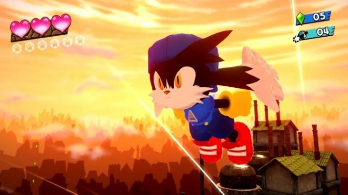 Screenshot della serie Klonoa Phantasy Reverie di Klonoa che vola attraverso un cielo al tramonto.