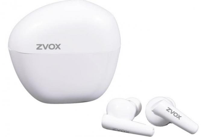 Os fones de ouvido sem fio Zvox AV30 ao lado do estojo de carregamento.