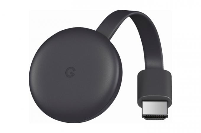 Črn Google Chromecast na belem ozadju.