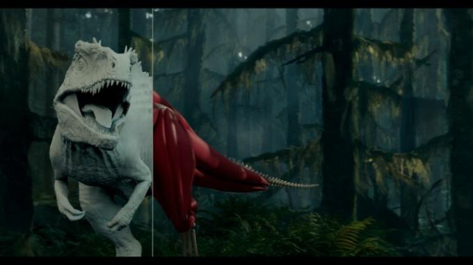 Una imagen de diseño de efectos visuales de un Tyrannosaurus Rex de Jurassic World Dominion.