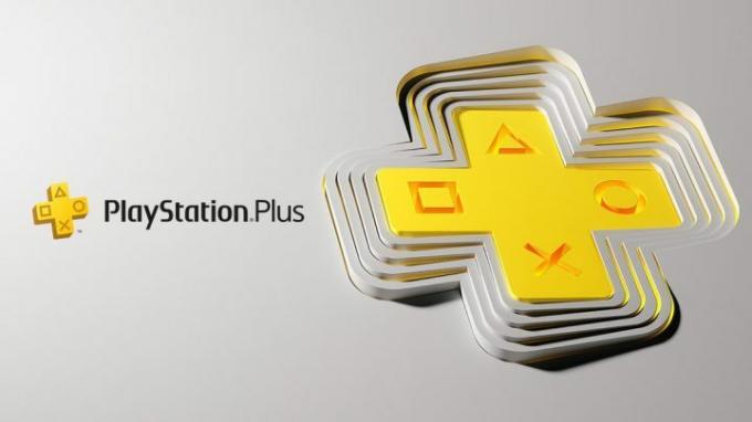 PlayStation Plus logotyp, som har en gigantisk gul D-pad, i en vit bakgrund.