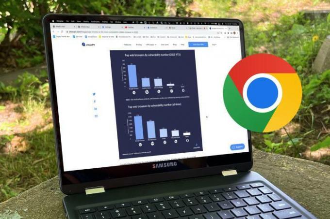 Le logo Google Chrome apparaît sur la photo d'un ordinateur portable avec un tableau des vulnérabilités.