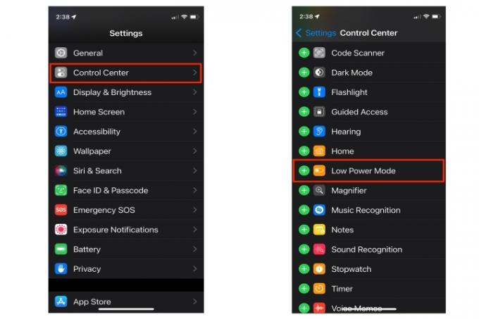 iPhone დაბალი ენერგიის რეჟიმი საკონტროლო ცენტრიდან.