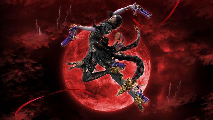 Bayonetta in posa in aria con sfondo rosso.