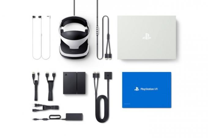 Chaque composant fourni avec le PS VR est disposé sur une table blanche.