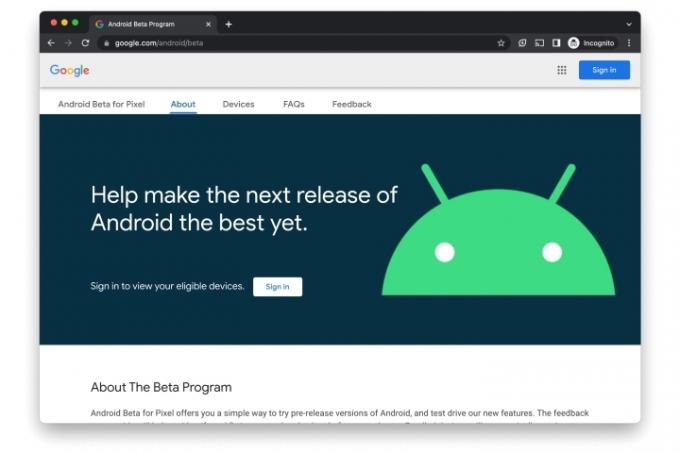 Pagina Android Beta pentru Pixel din Google Chrome.