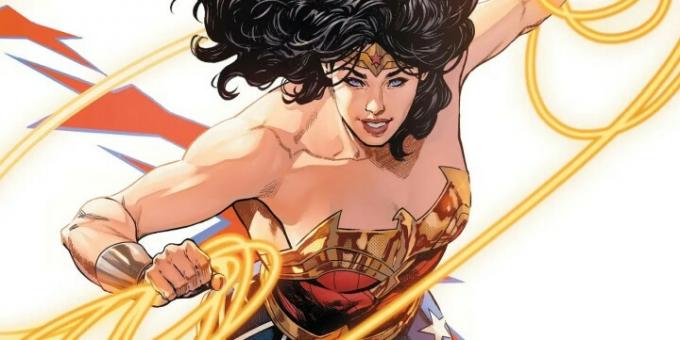 Wonder Woman skrien cīnīties DC komiksu grāmatā.