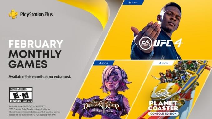 PS Plus-Grafik vom Februar 2022 mit UFC 4, Tiny Tina und Planet Coaster.