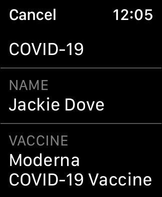 Tela de informações de vacinação do Apple Watch.