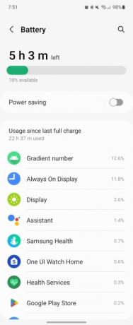 Screenshot van de levensduur van de batterij voor de Galaxy Watch 5.