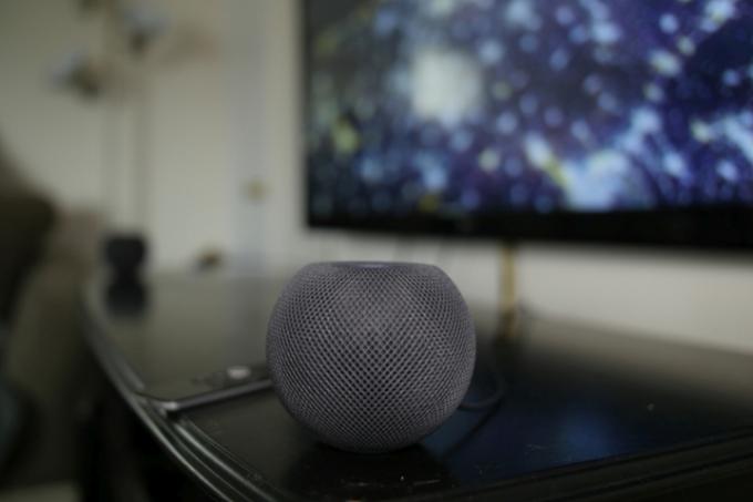 Apple HomePod Mini atrodas izklaides centra augšpusē.