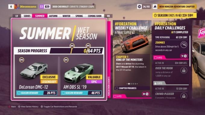 Forza Horizon 5-menu met seizoensactiviteiten.