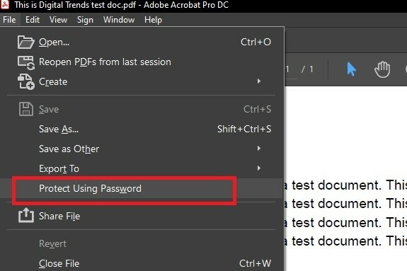 Posnetek zaslona metode zaščite z geslom Adobe