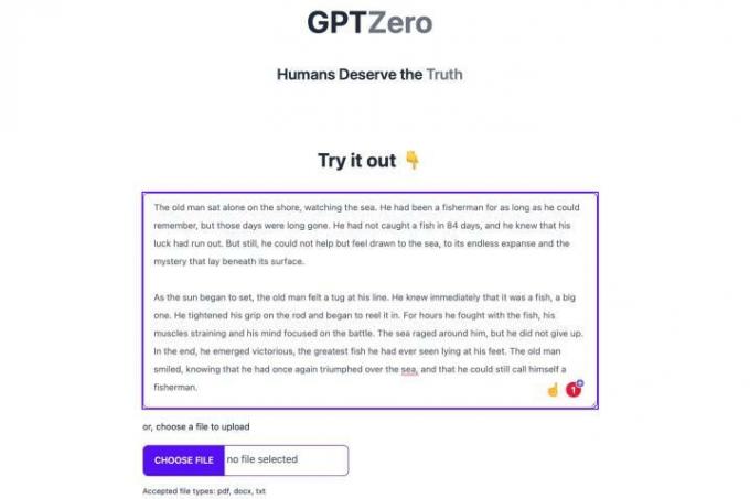 Die Website von GPTZero ist mit einem Textfeld und einer Schaltfläche zum Senden recht einfach.