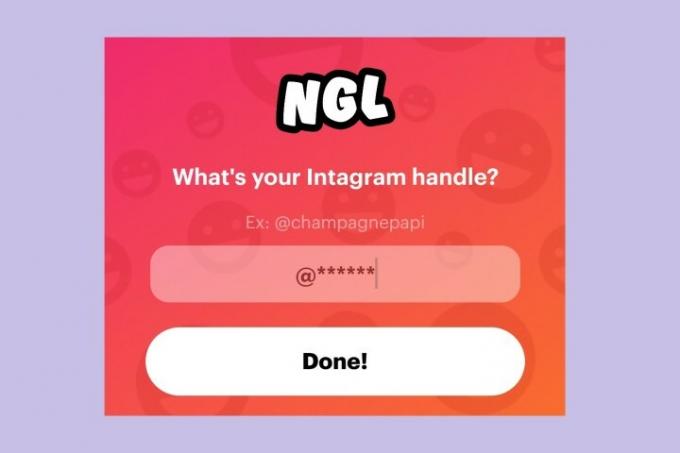 NGL mobiliojoje programoje įveskite savo Instagram rankenos ekraną.