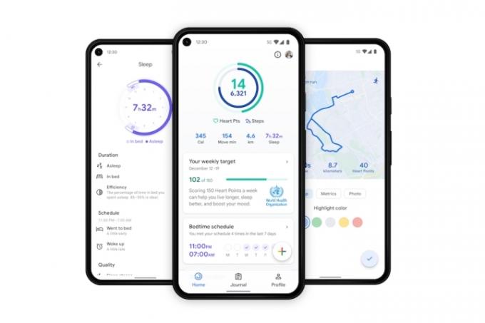 Trois captures d'écran de l'application Google Fit