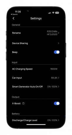 Aplikace EcoFlow pro iPhone vám umožňuje upravit nastavení, jako je rychlost nabíjení.