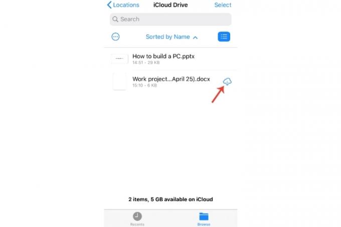 Možnost brskanja za iCloud Drive v iPhonu, kjer se prikažejo sinhronizirane datoteke. 