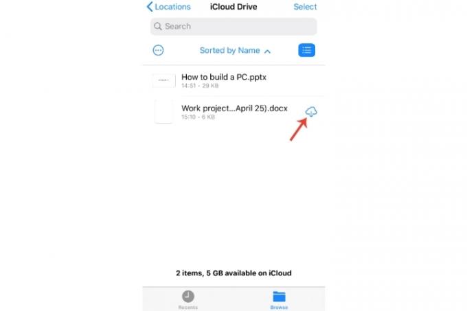 Опцията Преглед за iCloud Drive на iPhone, където ще се показват синхронизираните файлове. 