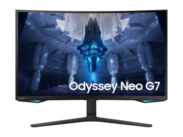 Die Vorderansicht des gebogenen Gaming-Monitors Samsung Odyssey Neo G7 4K.