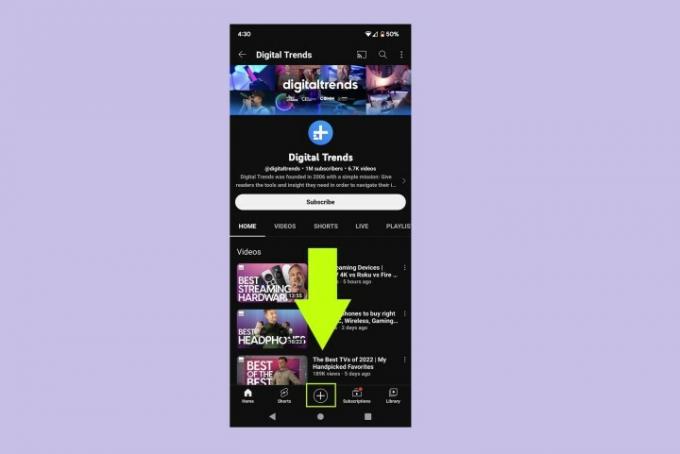Sélectionnez l'icône du signe Plus dans l'application mobile YouTube.