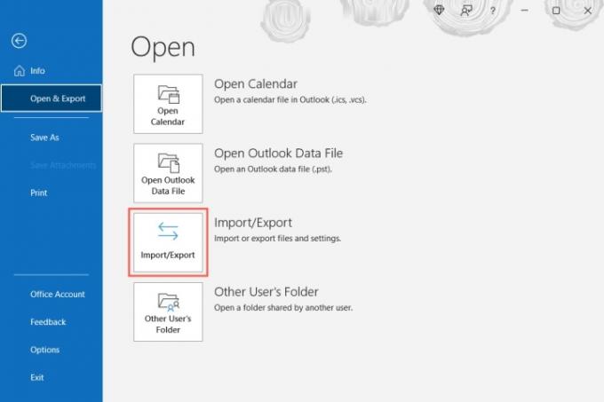 आउटलुक में आयात निर्यात बटन।