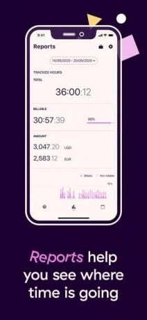 Снимок экрана приложения Toggl с изображением функции отчетов и текстом «Отчеты помогают вам видеть, куда идет время».