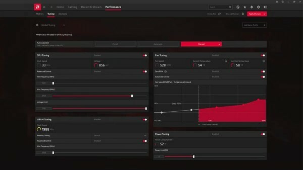 L'app AMD Performance Tuning che mostra le prestazioni della GPU.