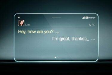 Bate-papo por SMS em tablet transparente com fundo azul