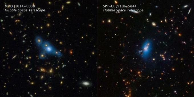 Dette er Hubble Space Telescope-bilder av to massive klynger av galakser kalt MOO J1014+0038 (venstre panel) og SPT-CL J2106-5844 (høyre panel). Den kunstig tilførte blåfargen er oversatt fra Hubble-data som fanget et fenomen kalt intracluster-lys. Denne ekstremt svake gløden sporer en jevn fordeling av lys fra vandrende stjerner spredt over klyngen. For milliarder av år siden ble stjernene kastet ut av deres foreldregalakser og driver nå gjennom det intergalaktiske rommet.