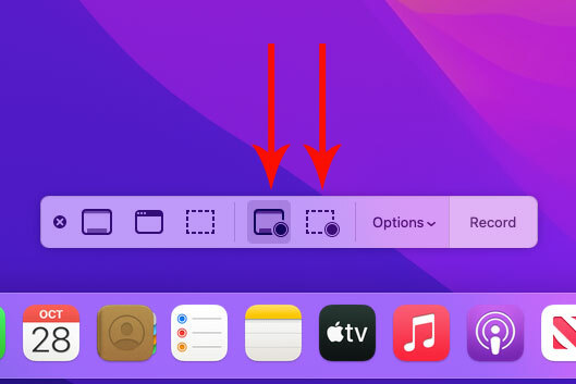 Mac の画面を記録するために使用される 2 つのボタンを示す MacOS スクリーンショット ツールバー。