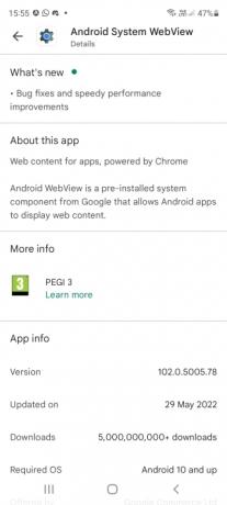 Σύστημα Android WebView Σελίδα Πληροφορίες στο Google Play Store.