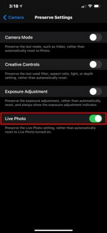 Ustawienia aparatu iPhone'a Przełącz zdjęcie na żywo