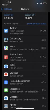 Екранна снимка, показваща използване на батерията за един ден на iPhone 14.