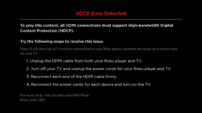 Roku HDCP შეცდომის შეტყობინება.