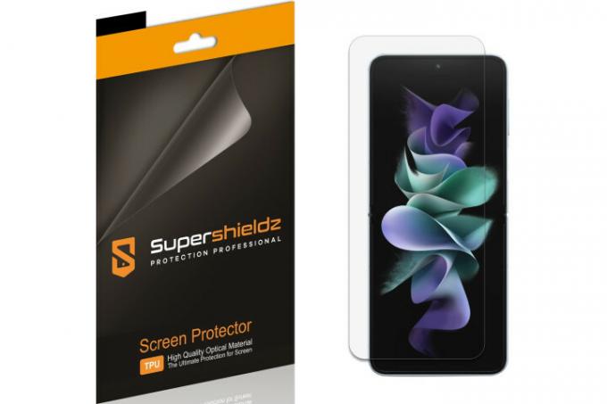 Protecteur d'écran Supershieldz Film sur le Samsung Galaxy Z Flip 4 à côté de l'emballage de vente au détail.