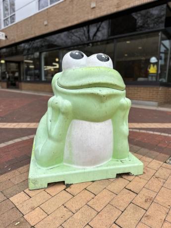 Foto in modalità ritratto di una scultura di rana su una passerella di mattoni.
