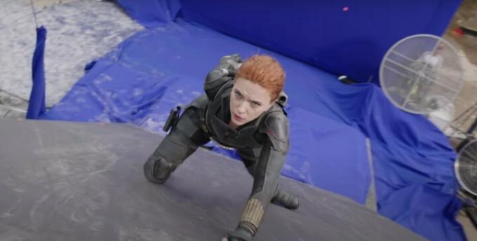 Scarlett Johansson vaizdinių efektų seka iš Marvel filmo Juodoji našlė kūrimo.