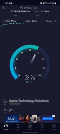 يُظهر تطبيق Ookla speedtest سرعة الاتصال.