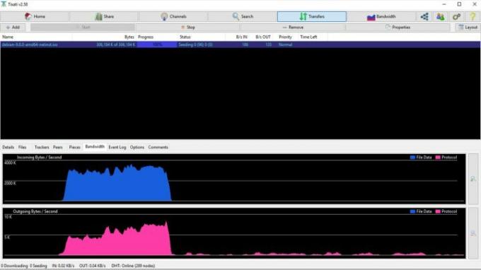 使用中の torrent クライアントを示す Tixati クライアントのスクリーンショット。 