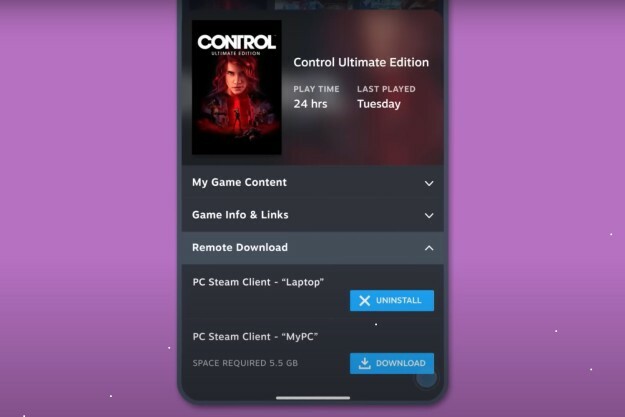 A Steam távoli mobilalkalmazás a vezérlés részleteit jeleníti meg.