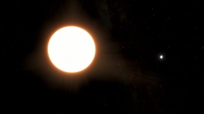 Uma impressão artística do exoplaneta LTT9779b orbitando sua estrela hospedeira. 