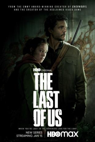 Ellie e Joel estão lado a lado em frente a um grande logotipo de The Last of Us.