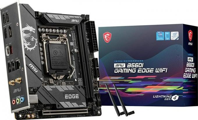 MSI MPG B560I Gaming Edge bundkort og boks.