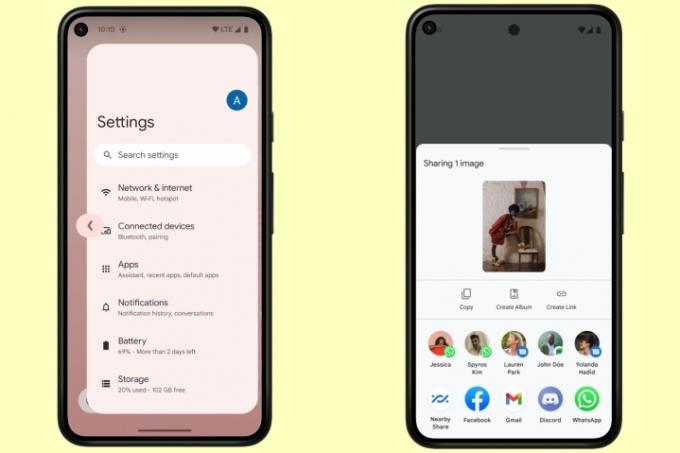 Screenshots van Android 14, met de nieuwe teruggebaarknop en pop-up voor delen.