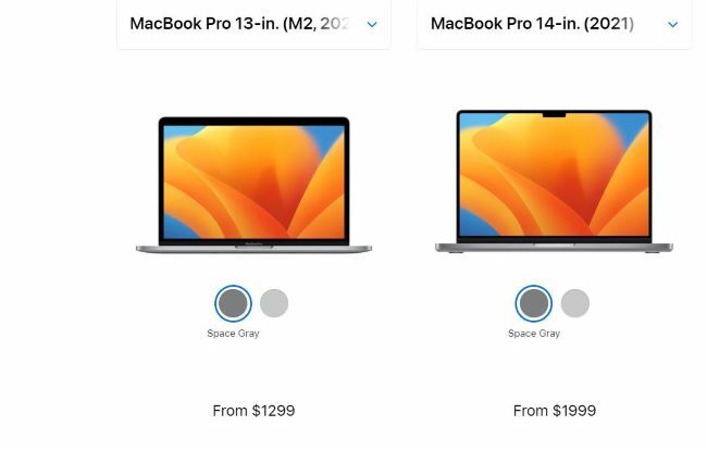 Os preços dos modelos M2 e MacBook Pro de 14 polegadas. 