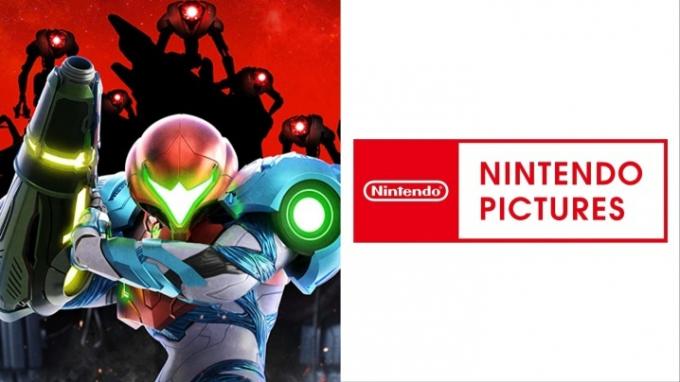 Metroid Dreadi võtmekunsti ja Nintendo Picturesi logo poolitatud kujutis.