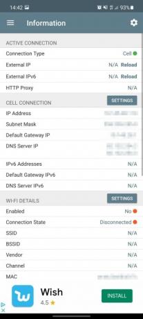 شاشة معلومات تطبيق Network Analyzer.