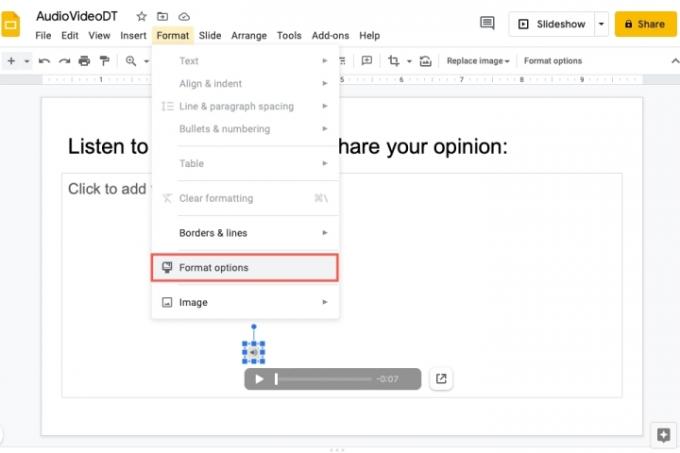 Параметры формата в меню «Формат Google Slides».