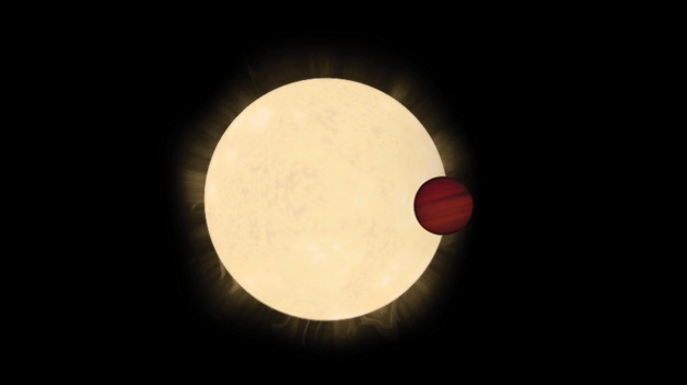 Konstnärens intryck av stjärnan HD 93396 och dess heta Jupiterplanet, KELT-11b.